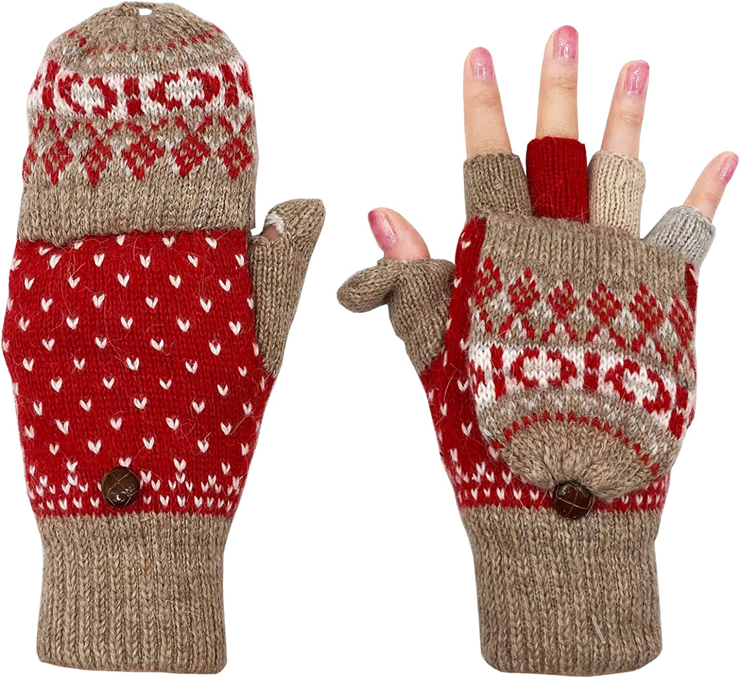 Beurlike Women'S Winter Gloves Warm Wool Knitted Convertible Fingerless Mittens Apparel & Accessories > Clothing Accessories > Gloves & Mittens Beurlike Zfleece Khaki Red  