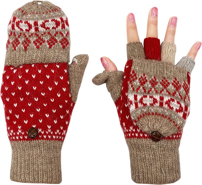 Beurlike Women'S Winter Gloves Warm Wool Knitted Convertible Fingerless Mittens Apparel & Accessories > Clothing Accessories > Gloves & Mittens Beurlike Zfleece Khaki Red  