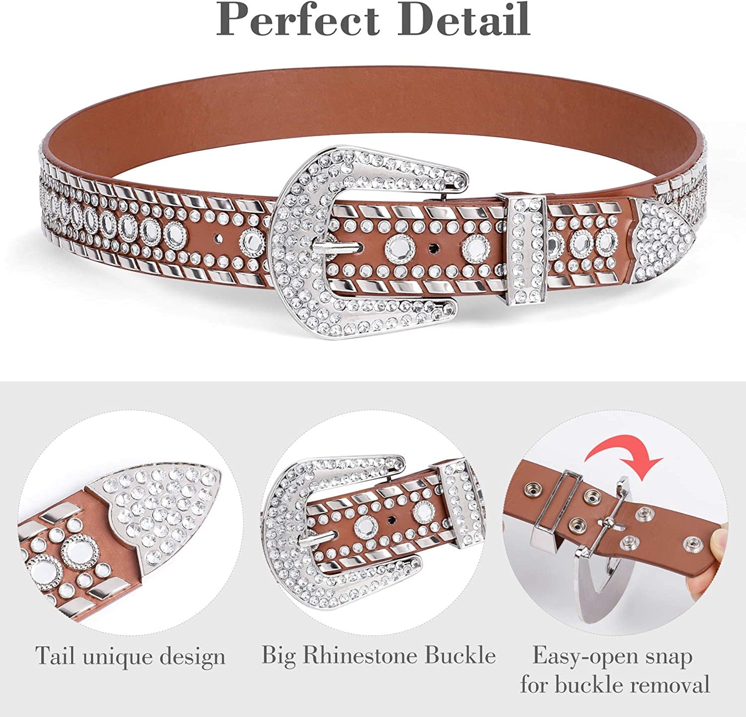 Rhinestone Belt for Men Women SUOSDEY Western Cowboy Cowgirl Bling Studded Leather Belt for Jeans Pants Apparel & Accessories > Clothing Accessories > Belts SUOSDEY   