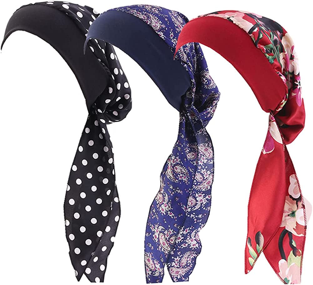 CCCHO Women Vintage Silky Turbans Bonnet Elastic Wide Band Multifunction Printing Hat Chemo Hair Loss Cap Apparel & Accessories > Clothing Accessories > Headwear CCCHO A2-black Dot+navy+wine  