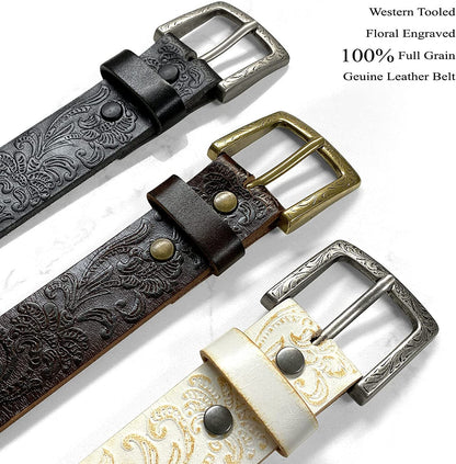 Cowboy Cowgirl Western Tooled Floral Embossed Full Grain Genuine Leather Belt Strap 1-1/2"(38Mm) Wide Apparel & Accessories > Clothing Accessories > Belts Belts.com   