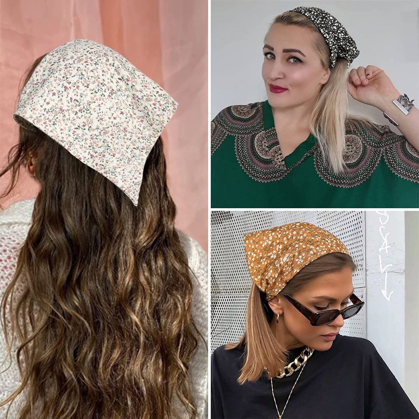 Floral Hair Scarf Headbands for Women - HAIMEIKANG Boho Hair Bandanas Scarf for Women Triangle Head Kerchief Solid Color Hair Bands Vintage Head Scarf (Beige+Yellow+Black) Apparel & Accessories > Clothing Accessories > Bandanas & Headties HAIMEIKANG   
