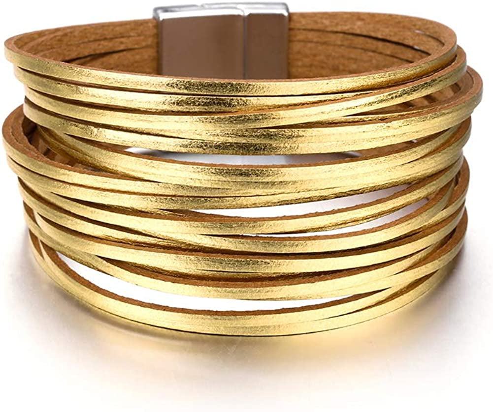 Fesciory Leather Wrap Bracelet for Women, Leopard Multi-Layer Magnetic Buckle Cuff Bracelet Jewelry Apparel & Accessories > Jewelry > Bracelets Fesciory B14-Short Gold1  