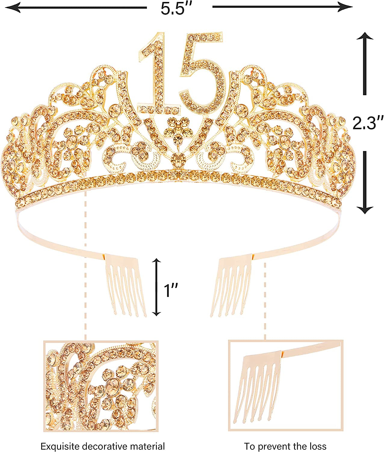 Verymerrymakering 15Th Birthday Sash and Tiara for Girls - Fabulous Set: Glitter Sash + Flowers Rhinestone Gold Premium Metal Tiara, 15Th Birthday Gifts for Teenegers Party Apparel & Accessories > Clothing Accessories > Sashes VeryMerryMakering   