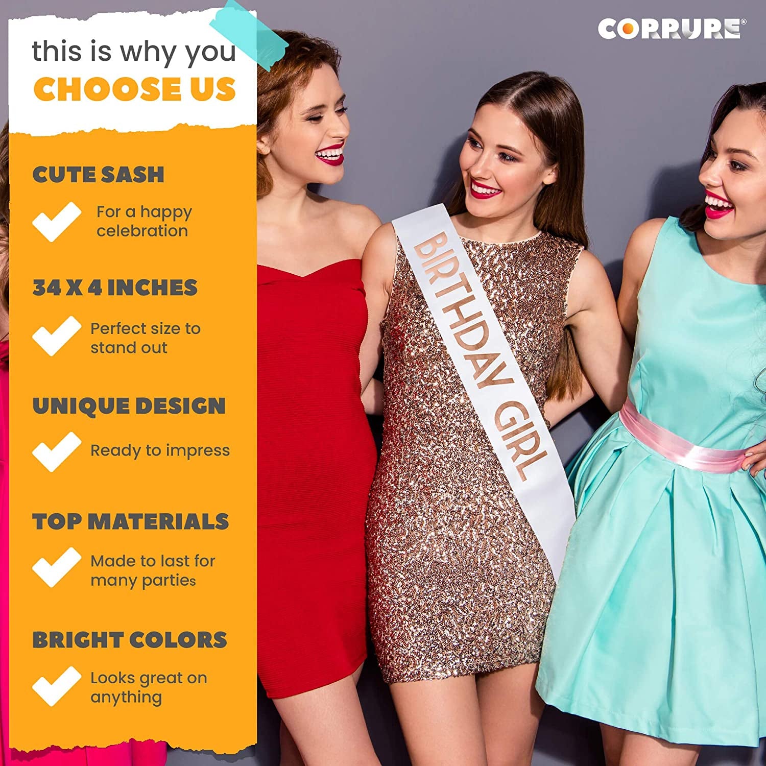 CORRURE 'Birthday Girl' Sash with Rose Gold Foil - Soft Satin White Sash for Women - Happy Birthday Sash for Sweet 16, 18Th 21St 25Th 30Th 40Th 50Th or Any Other Bday Party Apparel & Accessories > Clothing Accessories > Sashes Pego Brands General   