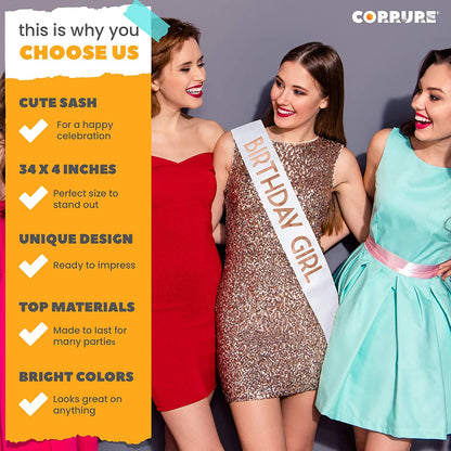 CORRURE 'Birthday Girl' Sash with Rose Gold Foil - Soft Satin White Sash for Women - Happy Birthday Sash for Sweet 16, 18Th 21St 25Th 30Th 40Th 50Th or Any Other Bday Party Apparel & Accessories > Clothing Accessories > Sashes Pego Brands General   