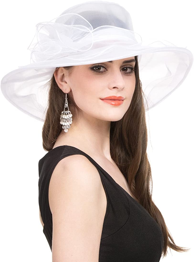 Lucky Leaf Women Kentucky Derby Church Cap Wide Brim Summer Sun Hat for Party Wedding Apparel & Accessories > Clothing Accessories > Headwear Lucky Leaf White  