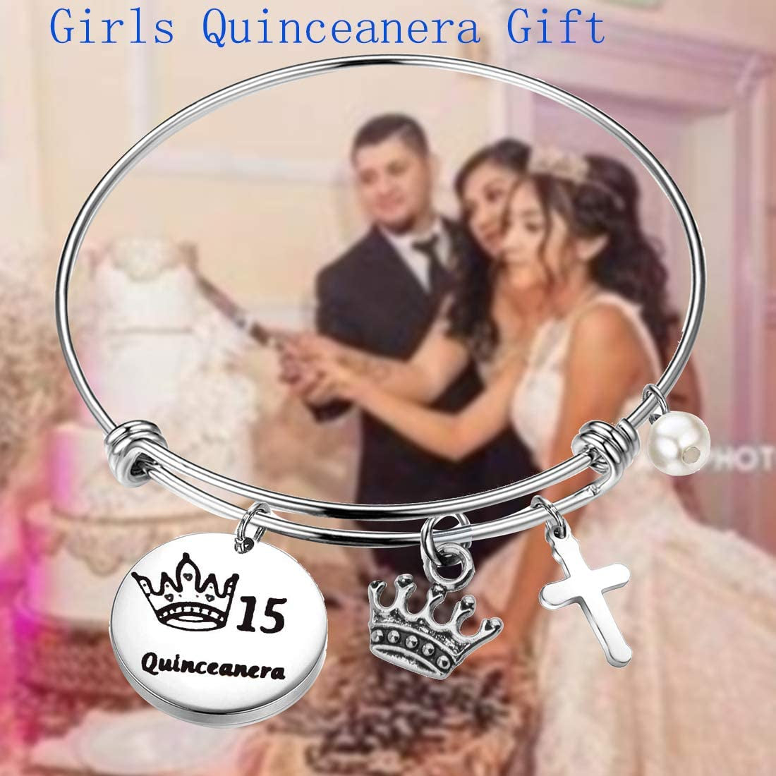 FEELMEM Quinceanera Gift 15Th Birthday Bracelet Girls Sweet 15Th Quinceanera Expandable Wire Bangle Quince Jewelry Happy 15Th Birthday Gift for Girls (Silver) Apparel & Accessories > Jewelry > Bracelets FEELMEM   