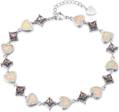 Cinily Adjustable Fire Opal Bracelets for Women Girls White Gold/Rose Gold Plated Gemstone Bracelet Opal Jewelry Gifts Apparel & Accessories > Jewelry > Bracelets Shenzhen Xi En Jewelry co.,ltd Heart-White  