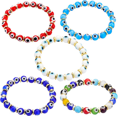 JUVJEW Evil Eye Bracelets for Women Protect 8Mm Ojo Glass Beaded Protection Stretch Braclet Jewelry Apparel & Accessories > Jewelry > Bracelets JUVJEW 5pcs-Gold  