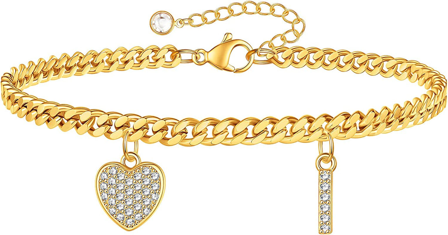 Gold Heart Ankle Bracelets for Women 14K Gold Plated Initial Charm Gold Anklets for Women Cuban Link Chain Heart Anklet Bracelets for Women Apparel & Accessories > Jewelry > Anklets BRIJEWLIC I  