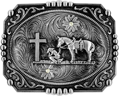 Moranse Religion Cross Cowboy Kneeling Prayer and Horse Design Belt Buckles Apparel & Accessories > Clothing Accessories > Belt Buckles Moranse Square Silver  