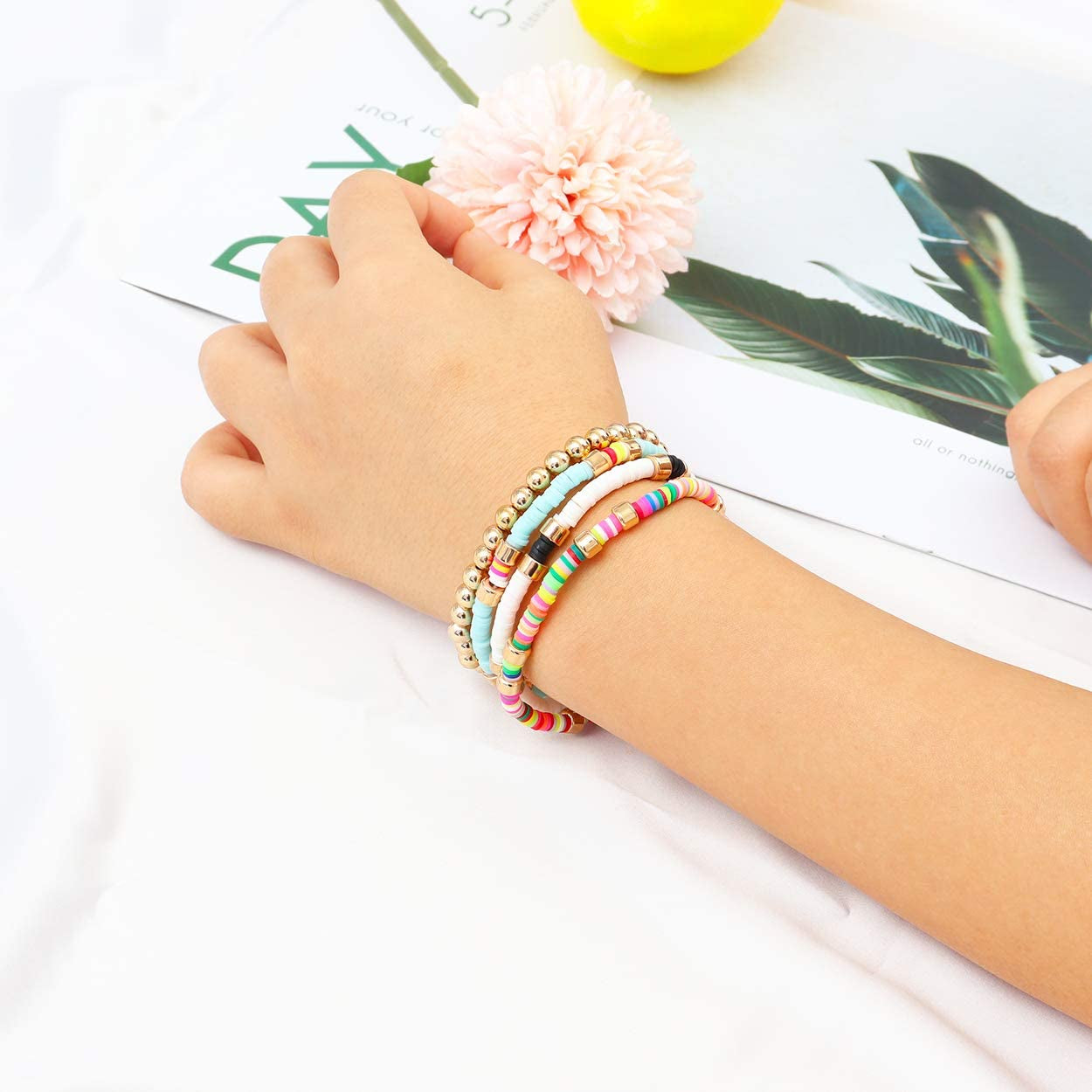Colorful Beaded Bracelet for Women Heishi Bracelet Set Assorted Gold Bead Stackable Stretch Strand Bracelet Apparel & Accessories > Jewelry > Bracelets WETMT   