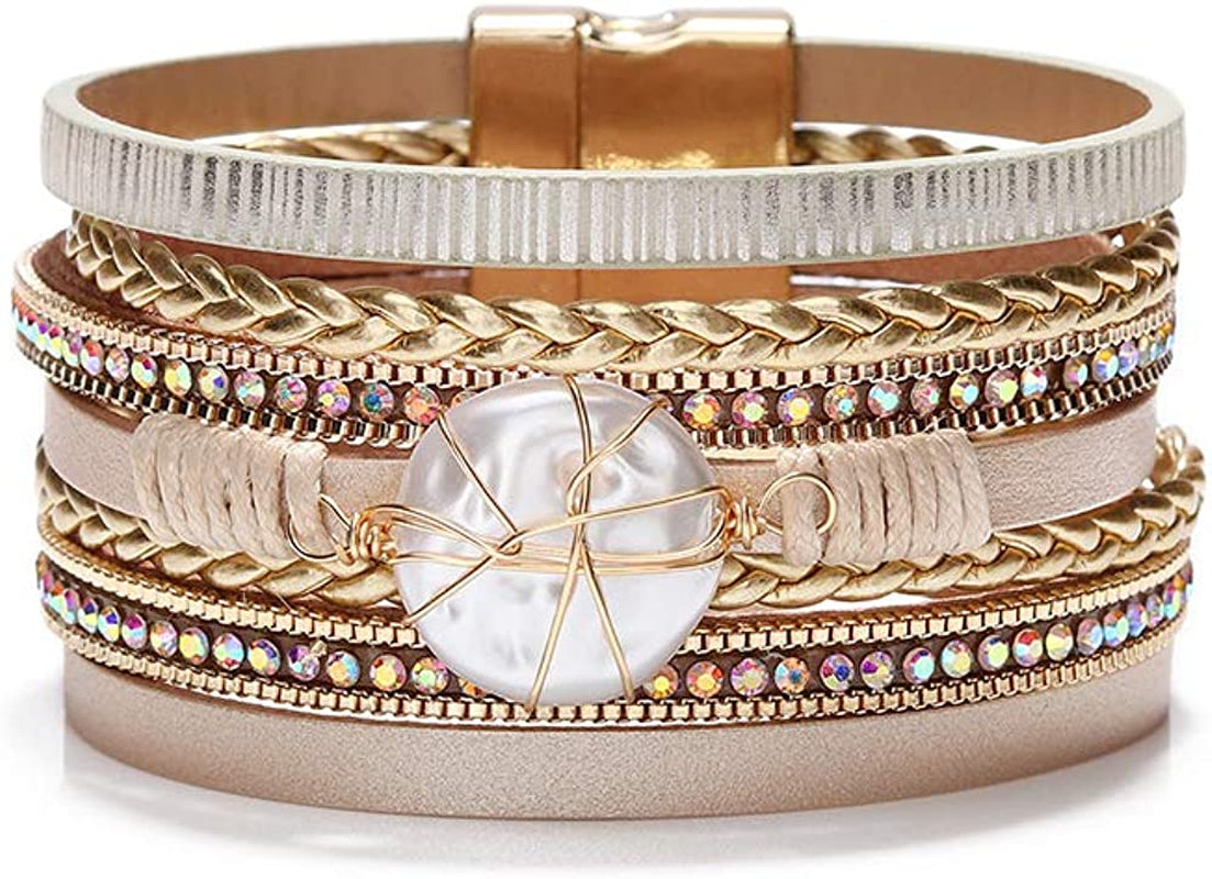 Fesciory Leopard Bracelet for Women Wrap Multi-Layer Leather Bracelet Magnetic Clasp Cuff Bangle Jewelry Apparel & Accessories > Jewelry > Bracelets Fesciory B12-Round Pearl(Gold)  