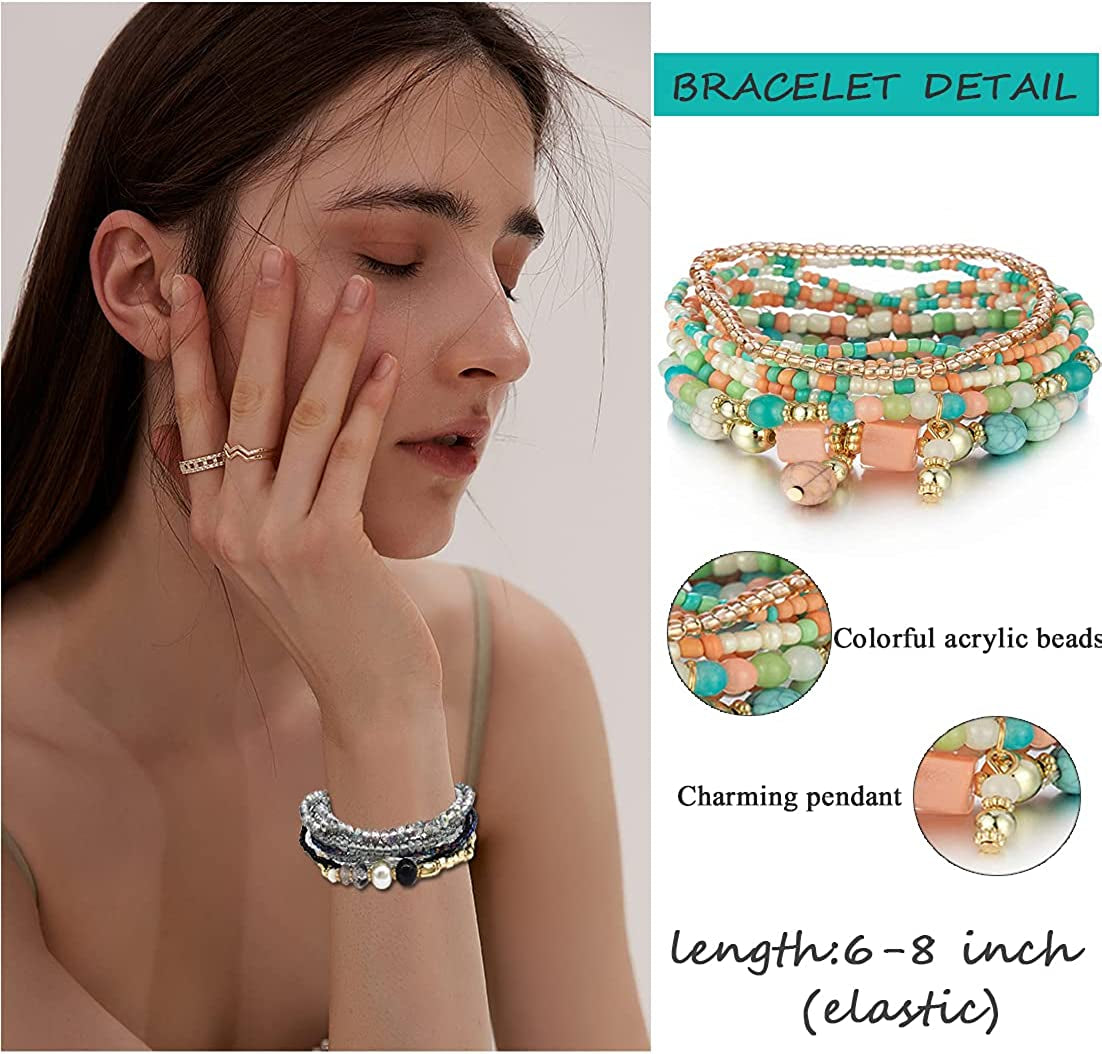 SAMOCO 9 Sets Bohemian Stackable Bead Bracelets for Women Stretch Multilayered Bracelet Set Multicolor Jewelry Apparel & Accessories > Jewelry > Bracelets SAMOCO   
