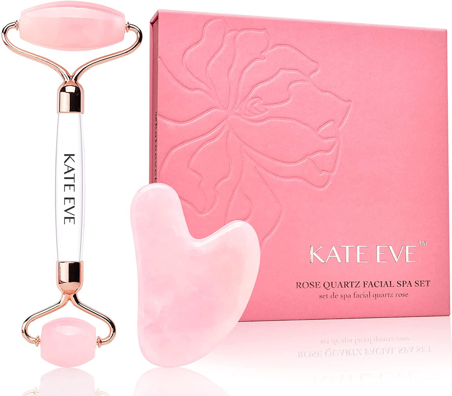 Kate Eve Jade Roller Gua Sha Facial Tools Set, Face Roller Beauty Skin Care Massager Kit for Women, 100% Natural Rose Quartz Skin Roller for Face Eye Neck Relaxing, Puffiness, Anti-Wrinkles, Lift Skin Health & Beauty > Personal Care > Cosmetics > Cosmetic Tools > Skin Care Tools Kate Eve   