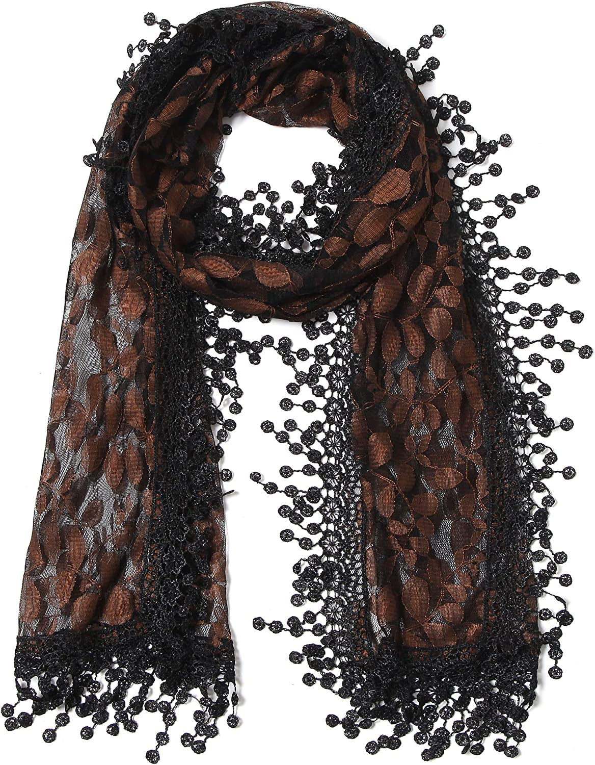 Cindy and Wendy Lightweight Soft Leaf Lace Fringes Scarf Shawl for Women Apparel & Accessories > Clothing Accessories > Scarves & Shawls Cindy and Wendy Gold/Black  