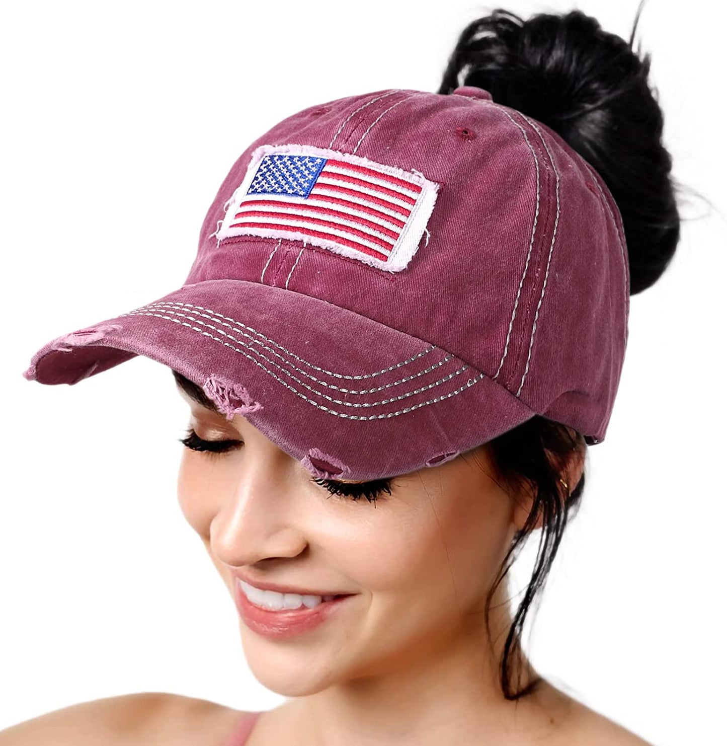 Lvaiz Womens Distressed Baseball Cap Mens Mesh Back Sport Hat Versatile Washed Dad Hat with Ponytail Hole Apparel & Accessories > Clothing Accessories > Hats Lvaiz Flag Wine Red One Size 