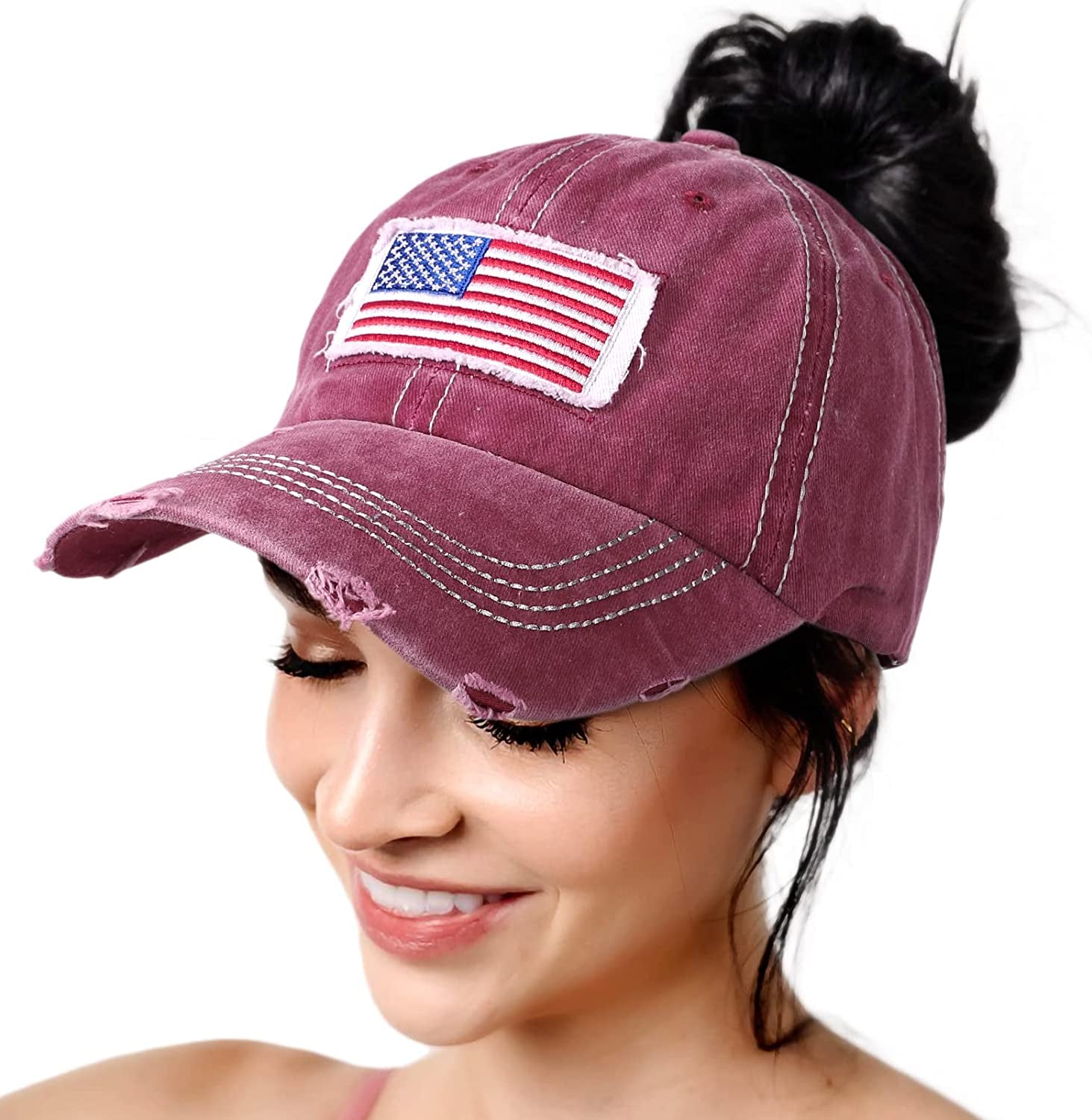 Lvaiz Womens Distressed Baseball Cap Mens Mesh Back Sport Hat Versatile Washed Dad Hat with Ponytail Hole Apparel & Accessories > Clothing Accessories > Hats Lvaiz Flag Wine Red One Size 