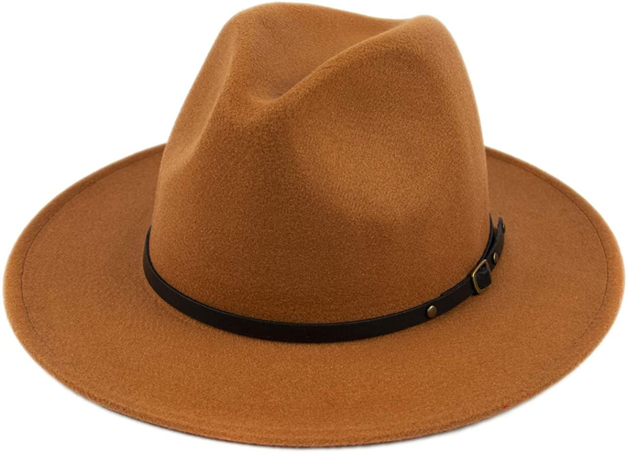 Lanzom Womens Classic Wide Brim Floppy Panama Hat Belt Buckle Wool Fedora Hat Apparel & Accessories > Clothing Accessories > Hats Lanzom Khaki One Size 