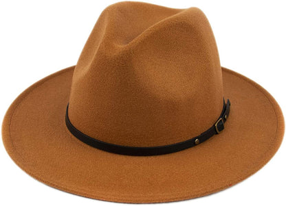 Lanzom Womens Classic Wide Brim Floppy Panama Hat Belt Buckle Wool Fedora Hat Apparel & Accessories > Clothing Accessories > Hats Lanzom Khaki One Size 