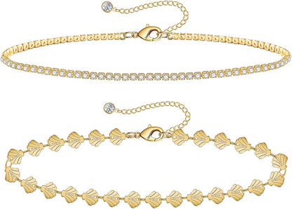 Gold Ankle Bracelets for Women 14K Gold Plated Anklet Silver Tennis Rose Quartz Cross Bead Herringbone Snake Paperclip Chain Cubic Zirconia Dainty Layered Anklet Set 3Pcs Apparel & Accessories > Jewelry > Anklets WeSparking S-Yellow Gold-Shell Chain  