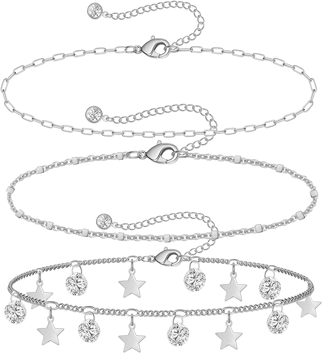 Gold Ankle Bracelets for Women 14K Gold Plated Anklet Silver Evil Eye Butterfly Star Rose Quartz Bead Box Paperclip Chain Dainty Layered Anklet Set 3Pcs Jewelry Gifts for Teen Girls Apparel & Accessories > Jewelry > Anklets Budding Gallery D-White Gold-Star  