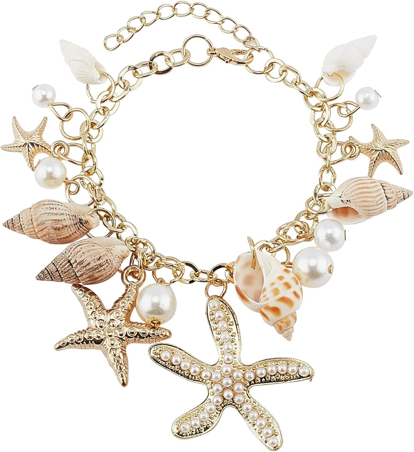 PH Pandahall Starfish Shell Anklet Bracelets Conch Starfish Faux Pearl Anklet Bracelet Charm Women Bohemian Adjustable Shell Bracelet Mermaid Costume Jewelry for Women Silver(7” with 2” Extend Chain) Apparel & Accessories > Jewelry > Anklets PH PandaHall shell bracelet  