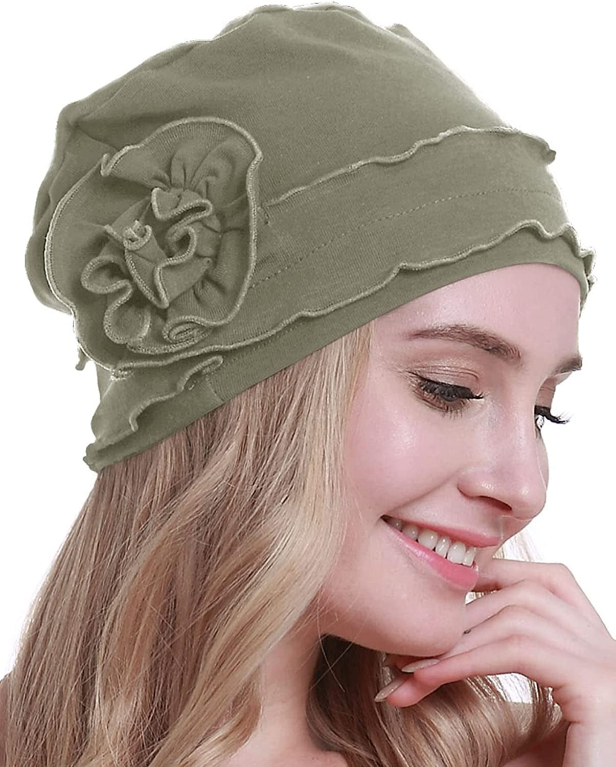 Osvyo Chemo Headwear Turban Cap for Women - Cancer Beanie Hair Loss Sealed Packaging Apparel & Accessories > Clothing Accessories > Headwear osvyo Cotton Light Olive Drab One Size 