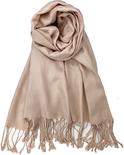 Plum Feathers Premium Solid Color and Metallic Fashion Scarf, Womens Pashmina Shawl Wrap with Fringes Apparel & Accessories > Clothing Accessories > Scarves & Shawls Plum Feathers Deep Champagne  