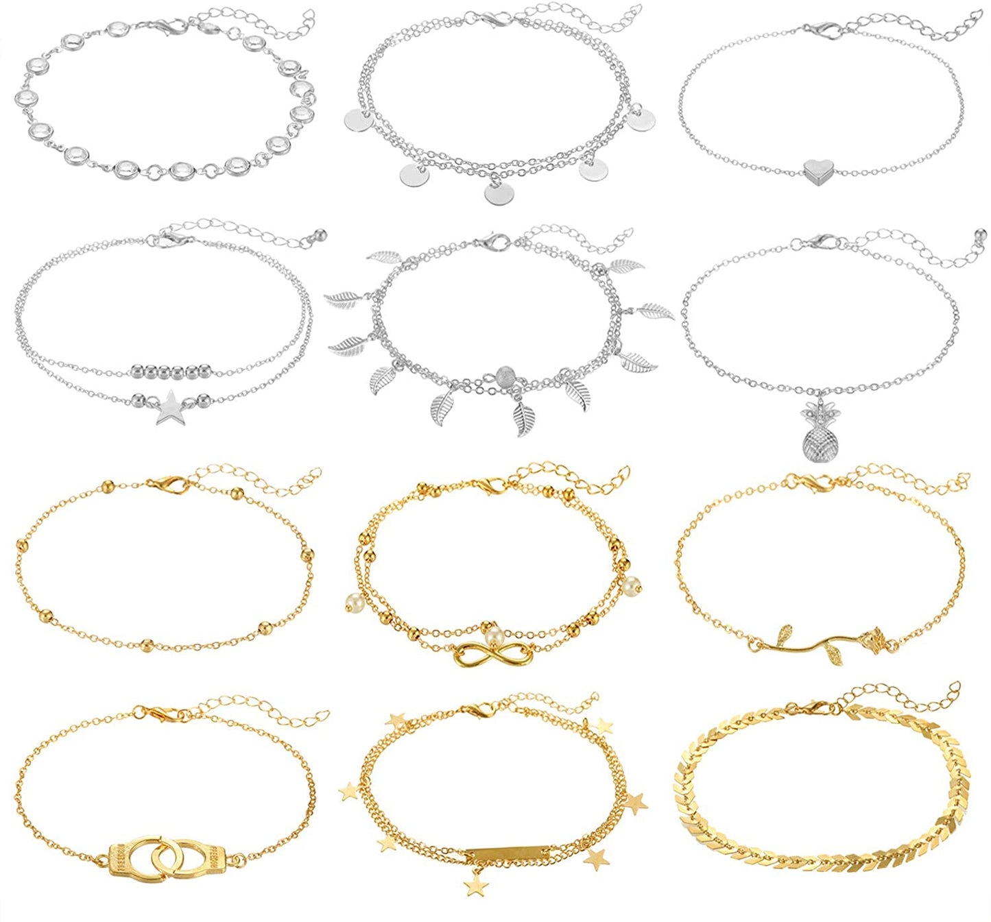 FUNEIA 12/16Pcs Anklets for Women Silver Gold Ankle Bracelets Set Boho Layered Beach Adjustable Chain Anklet Foot Jewelry Apparel & Accessories > Jewelry > Anklets Anlsen C:6Silver+6Gold  