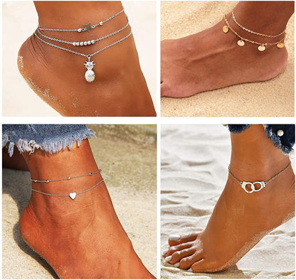 FUNEIA 12/16Pcs Anklets for Women Silver Gold Ankle Bracelets Set Boho Layered Beach Adjustable Chain Anklet Foot Jewelry Apparel & Accessories > Jewelry > Anklets Anlsen   