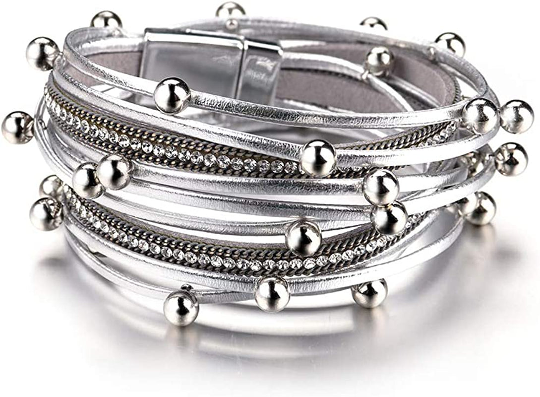 Fesciory Leather Wrap Bracelet for Women, Leopard Multi-Layer Magnetic Buckle Cuff Bracelet Jewelry Apparel & Accessories > Jewelry > Bracelets Fesciory A5-Silver Beads  
