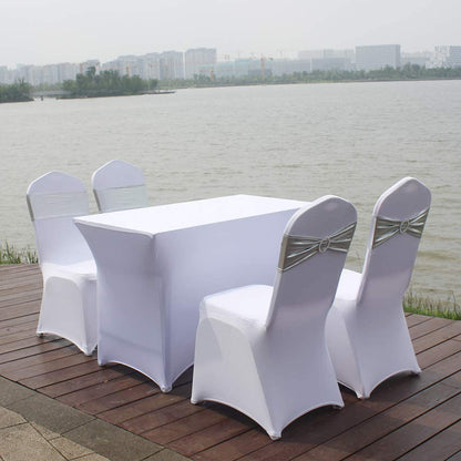 Sweeteasy 50Pcs Metallic Silver Spandex Chair Sashes, Durable Workmanship,Stretch Bows with Buckle Stretchable for Christmas Wedding Party Banquet Event Baby Shower Birthday Celebration Decoration Apparel & Accessories > Clothing Accessories > Sashes SweetEasy   