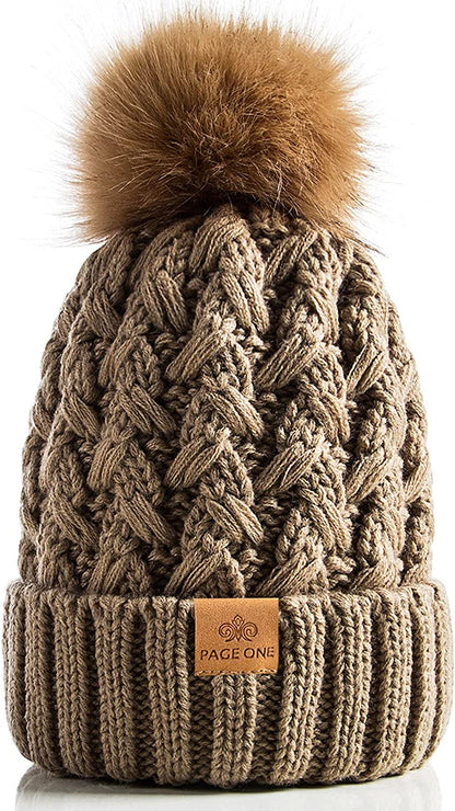PAGE ONE Womens Winter Ribbed Beanie Crossed Cap Chunky Cable Knit Pompom Soft Warm Hat Apparel & Accessories > Clothing Accessories > Hats PAGE ONE Khaki  