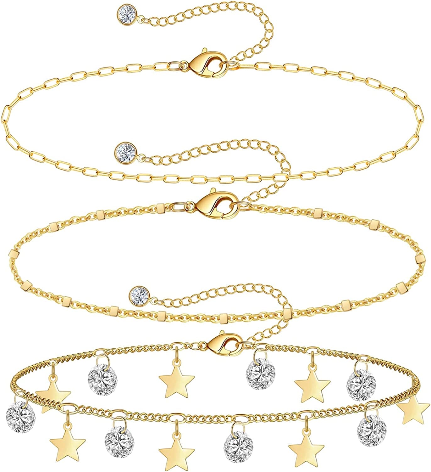 Gold Ankle Bracelets for Women 14K Gold Plated Anklet Silver Evil Eye Butterfly Star Rose Quartz Bead Box Paperclip Chain Dainty Layered Anklet Set 3Pcs Jewelry Gifts for Teen Girls Apparel & Accessories > Jewelry > Anklets Budding Gallery C-Yellow Gold-Star  