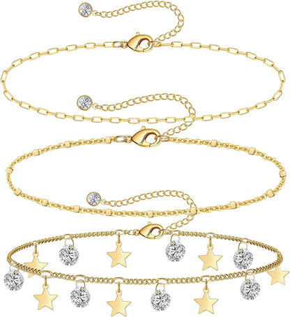 Gold Ankle Bracelets for Women 14K Gold Plated Anklet Silver Evil Eye Butterfly Star Rose Quartz Bead Box Paperclip Chain Dainty Layered Anklet Set 3Pcs Jewelry Gifts for Teen Girls Apparel & Accessories > Jewelry > Anklets Budding Gallery C-Yellow Gold-Star  