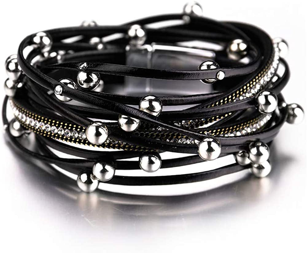 Fesciory Leather Wrap Bracelet for Women, Leopard Multi-Layer Magnetic Buckle Cuff Bracelet Jewelry Apparel & Accessories > Jewelry > Bracelets Fesciory A4-Black Beads  