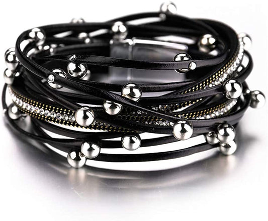 Fesciory Leather Wrap Bracelet for Women, Leopard Multi-Layer Magnetic Buckle Cuff Bracelet Jewelry Apparel & Accessories > Jewelry > Bracelets Fesciory A4-Black Beads  