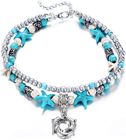 Softones Blue Starfish Turtle Anklet Multilayer Charm Beads Sea Handmade Boho Anklet Foot Jewelry for Women Girl Apparel & Accessories > Jewelry > Anklets Softones C:Dolphin  