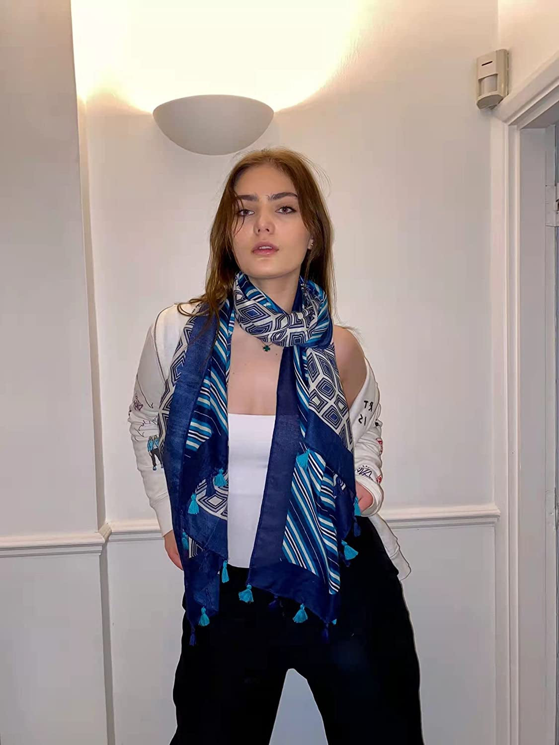 FRAIFICE Lightweight Scarf for Women for Spring Summer Fall Geometric Scarves Shawl Wrap Pashimina with Tassels Apparel & Accessories > Clothing Accessories > Scarves & Shawls FRAIFICE   