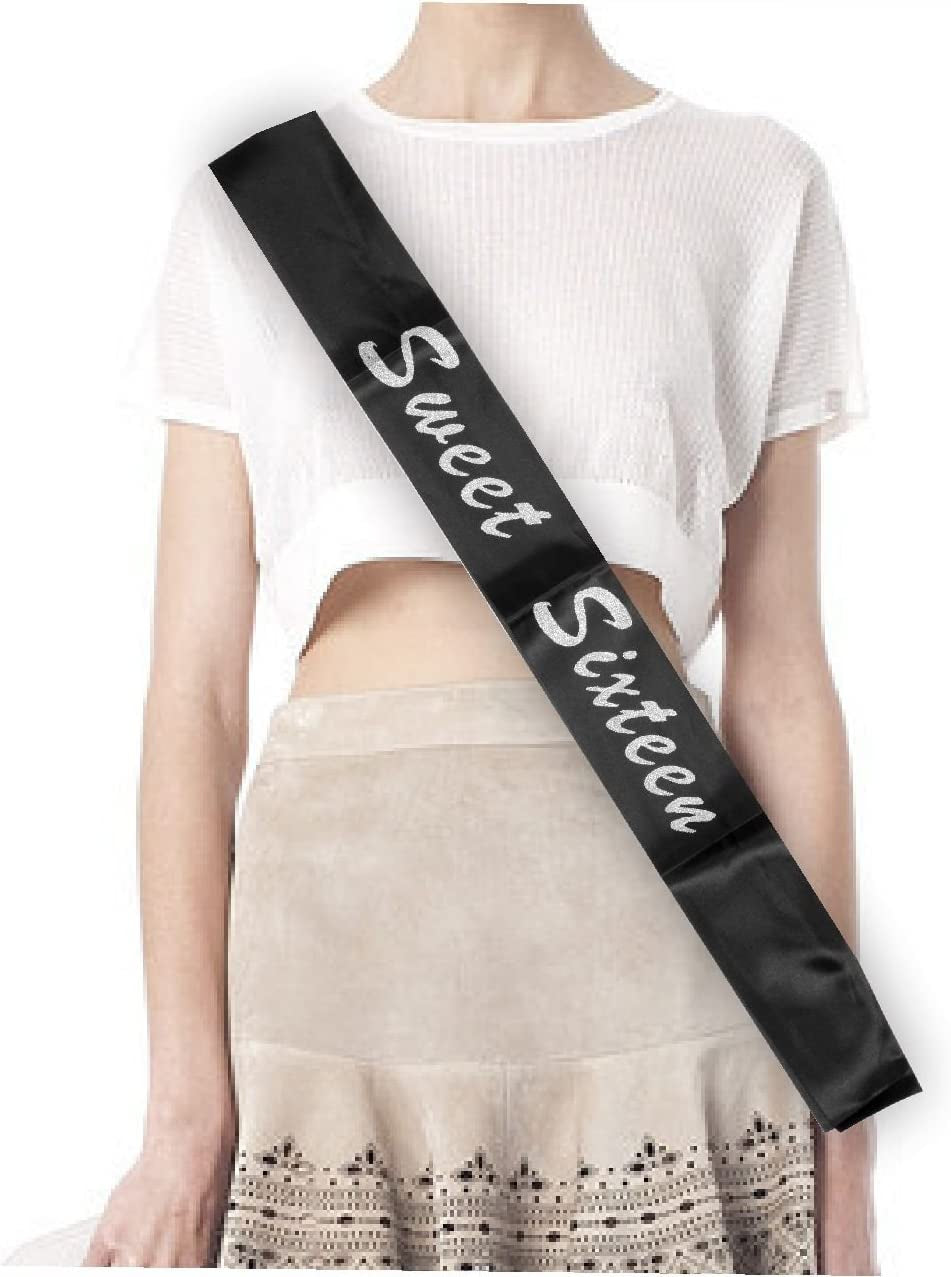 MEANT2TOBE 16Th Birthday Sash and Tiara for Girls - Fabulous Set: Glitter Sash + Floating Heart Rhinestone Silver Premium Metal Tiara, 16Th Birthday Gifts for Sweet 16 Birthday Party Apparel & Accessories > Clothing Accessories > Sashes MEANT2TOBE   