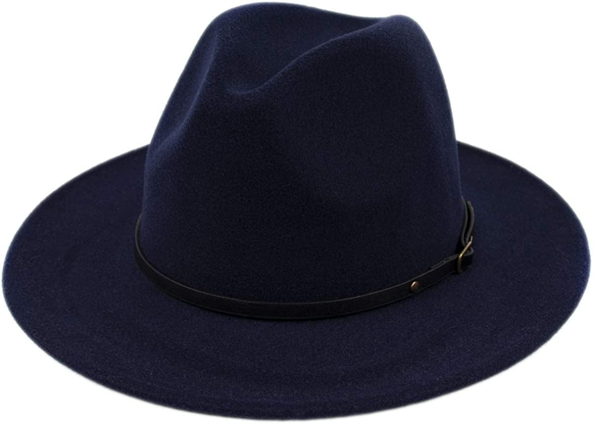 Lanzom Womens Classic Wide Brim Floppy Panama Hat Belt Buckle Wool Fedora Hat Apparel & Accessories > Clothing Accessories > Hats Lanzom Navy Blue One Size 