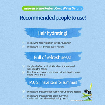 MISE EN SCENE Perfect Coco Water Serum 80Ml (2.7Oz) | Anti-Frizz, Hydration and Nutrition Hair Essence for Damaged, Bleached and Dry Hair | Watery Light and Moisturizing Hair Oil for Men and Women | Korean Hair Care Product Health & Beauty > Personal Care > Hair Care AMORE PACIFIC   