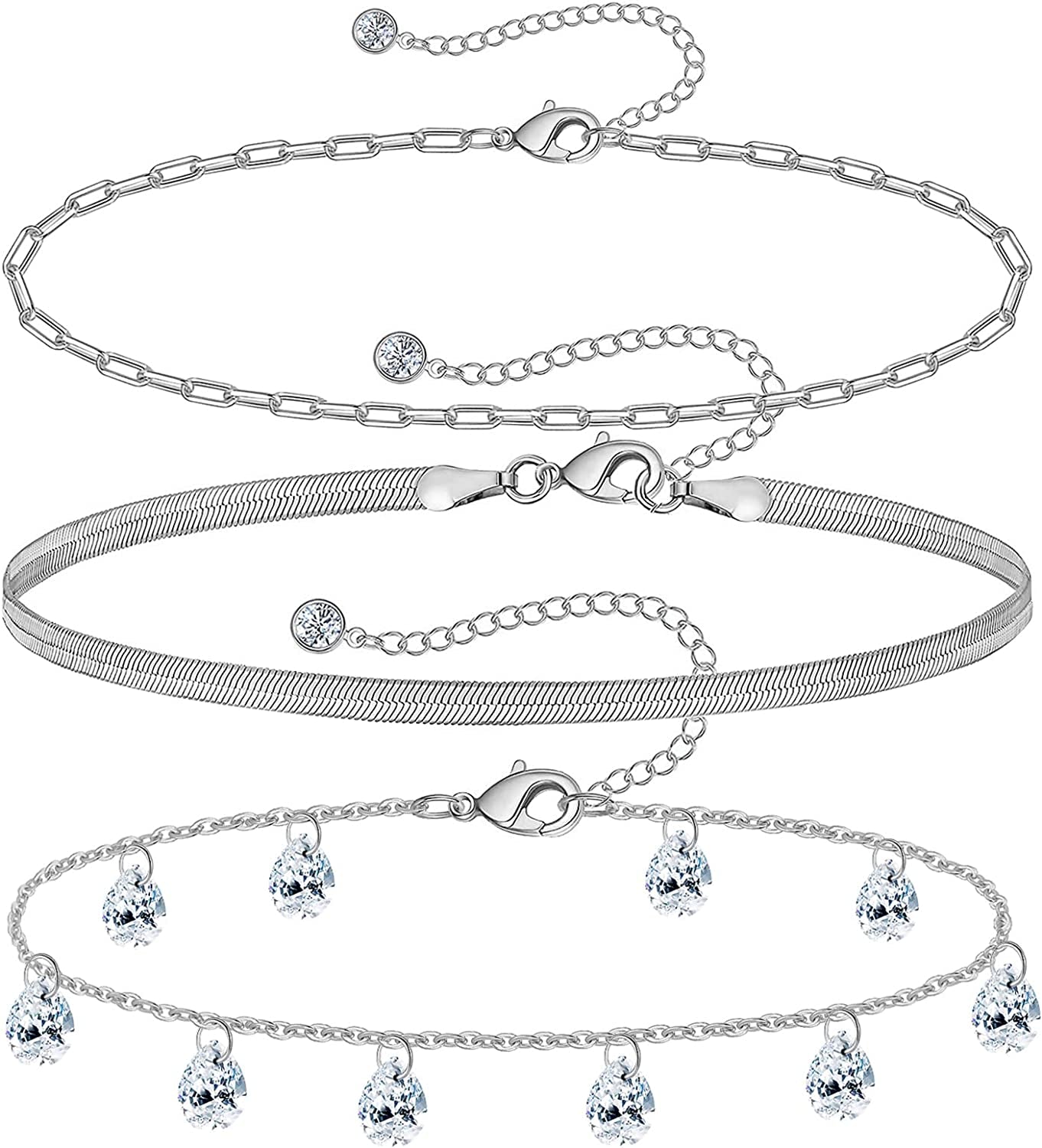 Gold Ankle Bracelets for Women 14K Gold Plated Anklet Silver Tennis Butterfly Star Coin Quartz Bead Snake Paperclip Chain Dainty Layered Anklet Set 3Pcs Jewelry Gifts for Teen Girls Apparel & Accessories > Jewelry > Anklets Vermeyen D-White Gold-CZ  