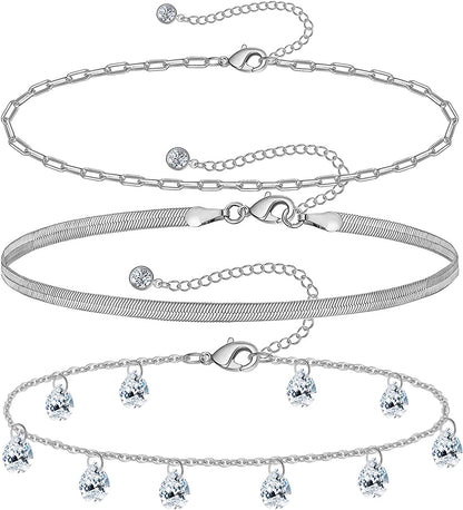 Gold Ankle Bracelets for Women 14K Gold Plated Anklet Silver Tennis Butterfly Star Coin Quartz Bead Snake Paperclip Chain Dainty Layered Anklet Set 3Pcs Jewelry Gifts for Teen Girls Apparel & Accessories > Jewelry > Anklets Vermeyen D-White Gold-CZ  
