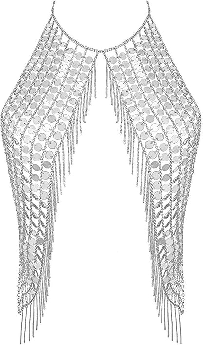 DOTASI Women'S Sexy Halter Backless Tank Top Bra Body Chain Necklace Tassels Party Apparel & Accessories > Jewelry > Body Jewelry DOTASI Silver  