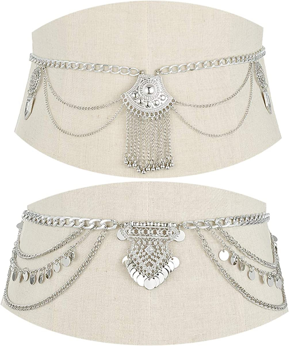 Tornito 2 PCS Waist Belt Chain Vintage Dangle Dancing Tassel Body Chain Bikini Beach Body Jewelry for Women Silver Gold Tone Apparel & Accessories > Jewelry > Body Jewelry Tornito B:2pcs,Silver Tone  