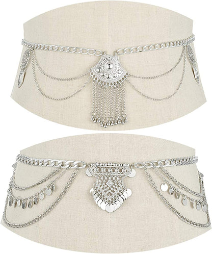 Tornito 2 PCS Waist Belt Chain Vintage Dangle Dancing Tassel Body Chain Bikini Beach Body Jewelry for Women Silver Gold Tone Apparel & Accessories > Jewelry > Body Jewelry Tornito B:2pcs,Silver Tone  