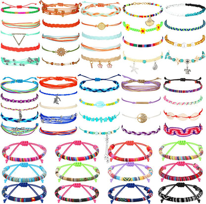 Henoyso 57 Pieces Surfer Strand Wave Bracelet Braided Stretch Friendship Woven Rope Bracelets Adjustable Waterproof Handmade Wax Wrap Bracelet Anklet for Girls Women Apparel & Accessories > Jewelry > Bracelets Henoyso Lovely Style  